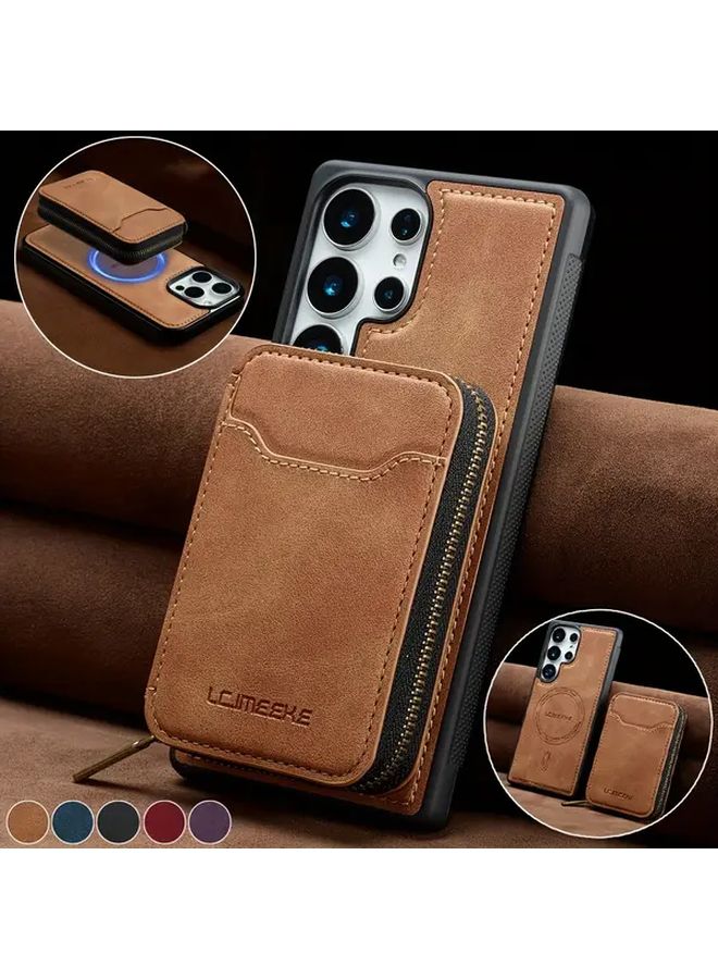 Galaxy S25 FE Wallet Case Coffee Color Magnetic Detachable Kickstand Shockproof Cover - Image 1